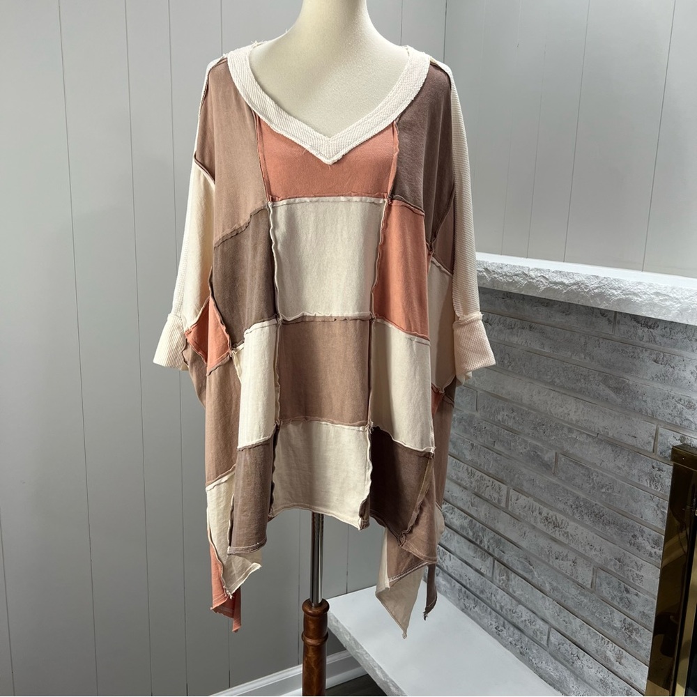 Oli & Hali Brown Tan Orange Exposed Seam Patchwork Boho Oversized Tunic M L